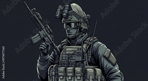 Soldier in tactical gear holding rifle with night vision on dark background ready for combat operation