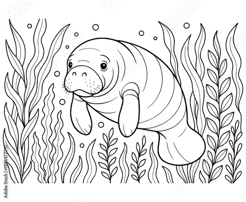 Cute cartoon manatee swimming in underwater kelp forest coloring book page black and white.