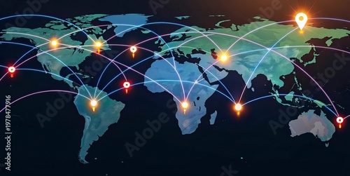 Global network connection over the world. Internet Concept of global business.World map with glowing lines on dark background. Network and communication concept. 