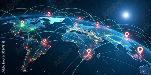 Global network connection over the world. Internet Concept of global business.World map with glowing lines on dark background. Network and communication concept. 