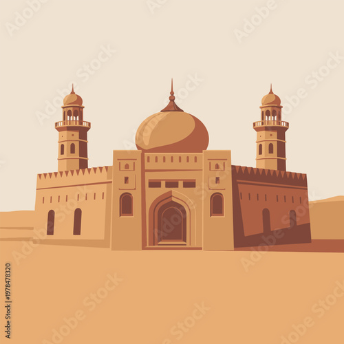 Front View Mosque Vector Illustration with Dome and Minarets – Islamic Architecture Design