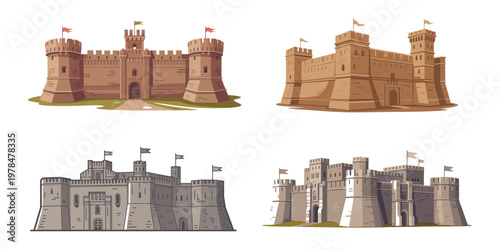 Medieval Castle Vector Set – Flat Fortress Illustrations with Towers and Walls
