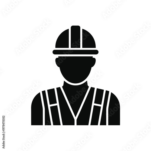 Construction Worker Icon – Engineer with Safety Helmet and Vest Silhouette Vector