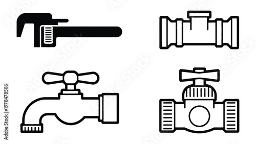 Plumbing tools illustrations: A set of detailed plumbing tools, perfect for illustrating the essentials of plumbing and home repair.