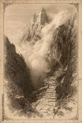 Vintage steel engraving of a dramatic mountain pass with stone path disappearing into clouds — 19th century explorer illustration