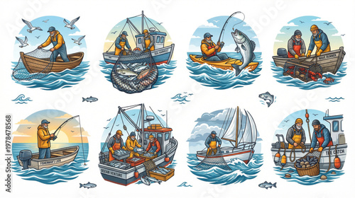 Fishermen working at sea, hauling nets, fishing, and bringing in the catch