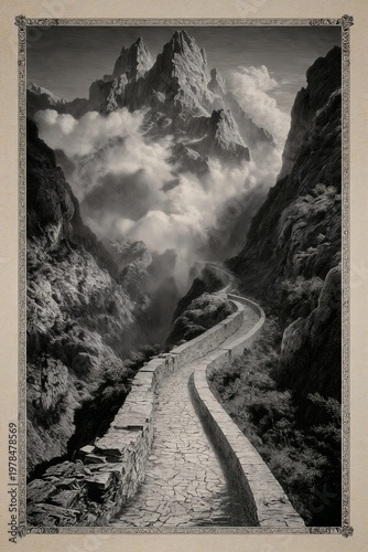 Dramatic black and white engraving of a winding stone road through a mountain gorge disappearing into storm clouds — epic journey concept