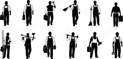 Construction worker silhouettes set featuring professional contractors and handymen with toolboxes wrenches brooms and hammers for industrial maintenance and repair service designs on white