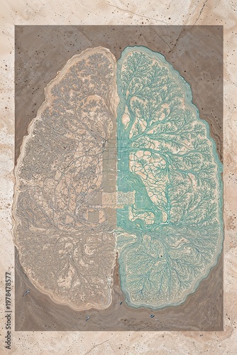 Aerial view human brain split between arid desert and living teal river network — mental health and nature concept art