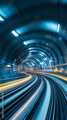 Fast subway train navigating an illuminated tunnel with motion blur lights