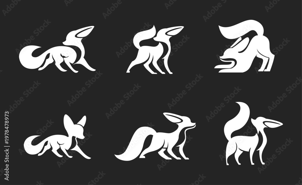 Obraz premium Six Minimalist White Fox Logos Collection on Dark Background