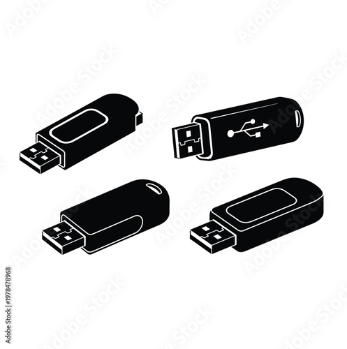 Four black usb flash drives depicted in a stark silhouette
