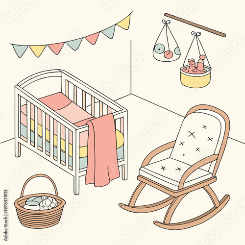 Cozy nursery room interior illustration with a white wooden crib a classic rocking chair a hanging toy mobile decorative festive bunting furniture interior decoration childhood illustration