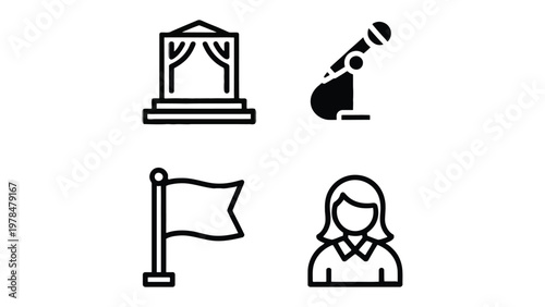 Events and Presentations: Vector icons capturing elements crucial for events and presentations. Featuring a stage, microphone, flag, and a female speaker.