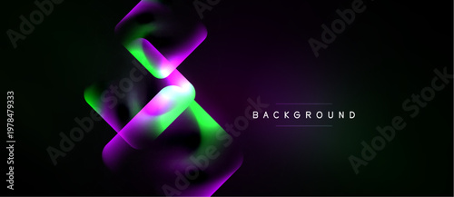 Abstract design features vibrant flowing shapes, gradients. Dark background enhances neon colors, creating modern aesthetic.