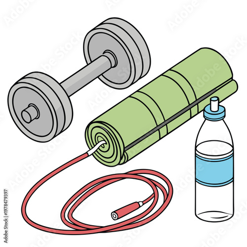 Gym fitness equipment set for home workout with equipment dumbbell exercise training wellness lifestyle physical strength hydration accessories isolated illustration activity
