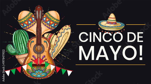 Cinco de Mayo Celebration Banner with Guitar, Maracas, Cactus and Sombrero on Black Background