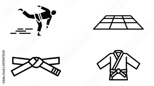 Judo Iconography: A collection of simple graphic icons represent the sport of judo, including a dynamic action pose, tatami mat, belt, and judogi, ideal for educational or illustrative purposes.