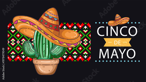 Cinco de Mayo Dark Banner with Cactus Wearing Sombrero and Mexican Ornament Pattern