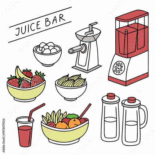 Juice bar equipment and fresh ingredients illustration set with smoothie beverage strawberry illustration nutrition preparation wholesome vitamins refreshing lifestyle business