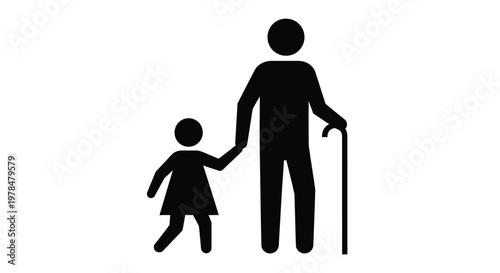 A simple black silhouette depicts an elderly man with a cane walking with a young child
