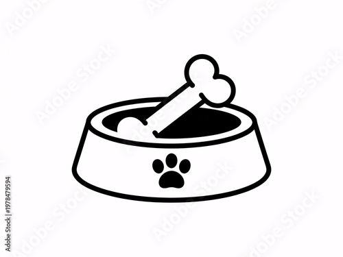 A simple black and white illustration of a dog bowl with a bone and paw print