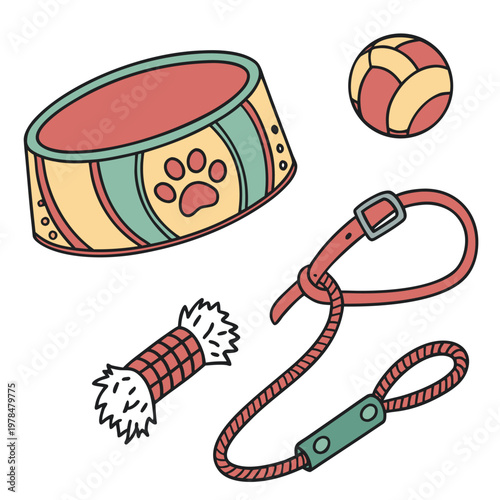 Pet care and dog accessories illustration set featuring food bowl ball rope toy and leash accessory domestic equipment supplies handdrawn illustration veterinary friendship ownership