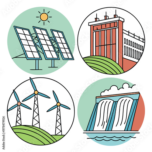 Set of renewable energy icons showing solar wind and hydro power with renewable sustainable environment electricity technology generation resources infrastructure conservation alternative