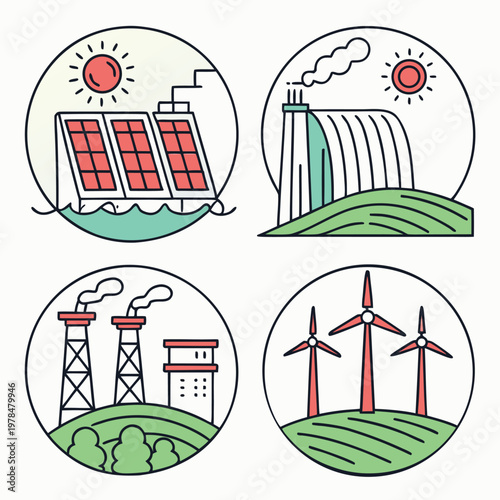 Collection of renewable energy sources and industrial power generation: solar panels hydroelectric dam wind turbines factory power plant with four circular illustrations depicting various methods