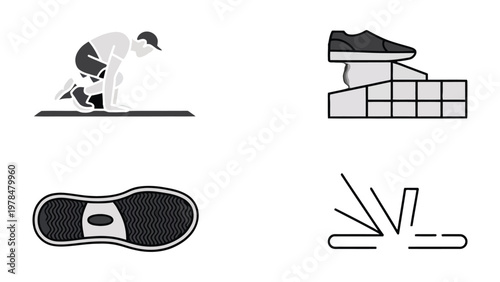 Sneakers, step, workout and sports illustration: A curated collection of four illustrative elements, a person start to running workout, shoe with step,  sole of shoes and shoe broken.