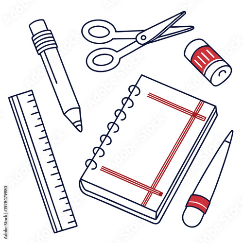 Essential stationery items for school or office use: pencil scissors eraser ruler notebook sharpener with stationery supplies scissors notebook sharpener education creativity equipment