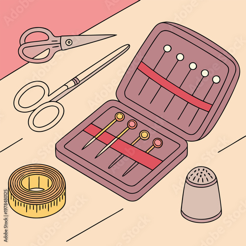 Set of sewing tools including needles case scissors measuring tape and thimble with scissors measuring supplies needlework stitching equipment accessories workshop collection haberdashery