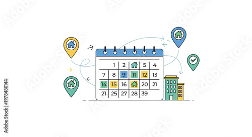 Calendar with location markers indicating scheduled events and appointments.