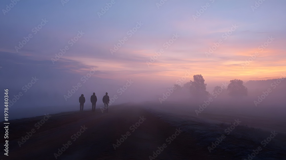 Fototapeta premium Silhouettes of three figures standing on a rural road in a vast ethereal morning mist at dawn