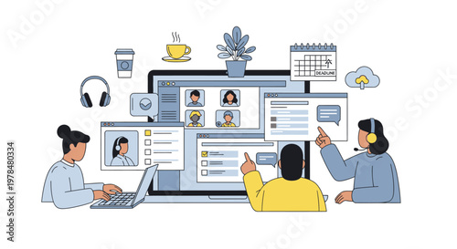Virtual online meeting with diverse team members collaborating remotely.