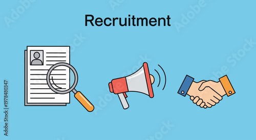 Conceptual illustration of recruitment process with resume, megaphone, and handshake icons on blue background.