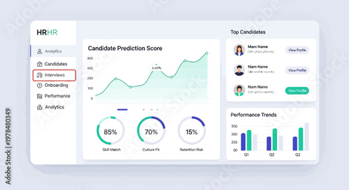 User interface dashboard displaying candidate prediction scores and performance trends for HR management.
