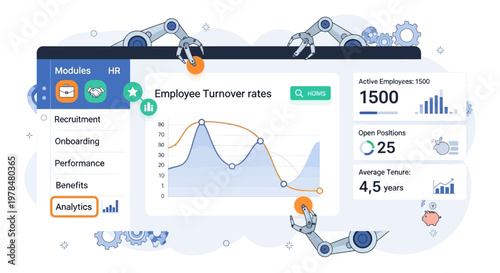 Business analytics dashboard showing employee turnover rates and performance metrics.