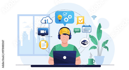 Remote work concept with man using laptop and cloud technology icons.