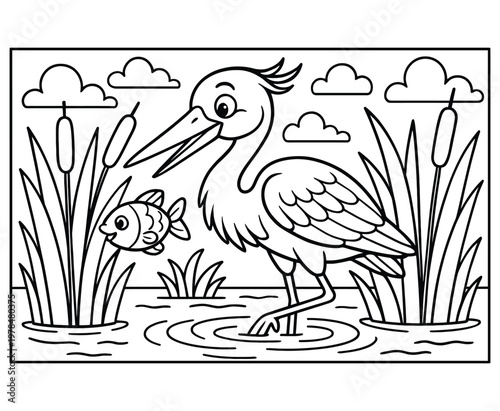 Heron and fish in pond for coloring book page vector.