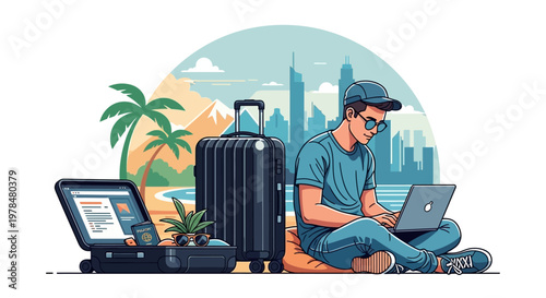 Young man working remotely on laptop while traveling with luggage and passport.