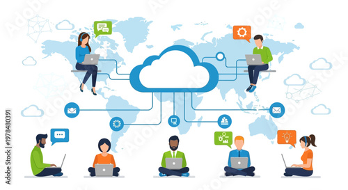 People connected through cloud computing technology sharing data and information online.