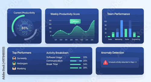 Dashboard displaying productivity metrics, team performance, and anomaly detection in a business environment.
