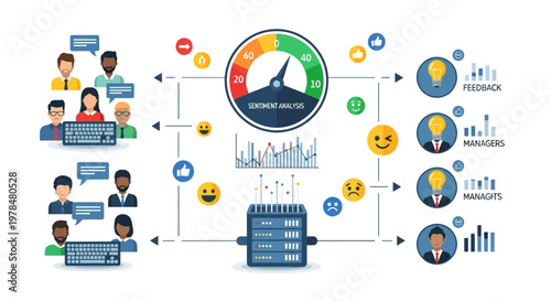 Illustration of sentiment analysis process using social media data and emoji feedback.