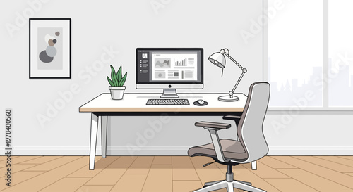 Modern minimalist office workspace with computer and ergonomic chair.