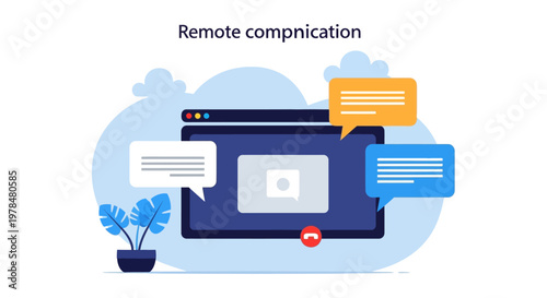 Illustration of remote communication using video call on computer screen.