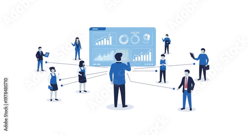 Business team analyzing data and charts on a large digital screen in a modern office setting.