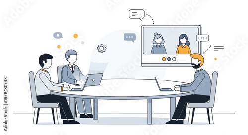 Business meeting with remote video conference and team collaboration.