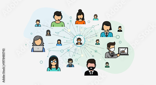 Illustration of diverse people connected through a global network of communication and technology.