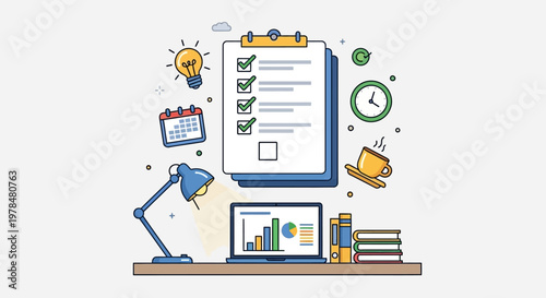 Illustration of organized workspace with checklist and study materials.